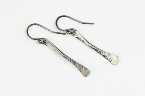 Simple Chic dainty bar earrings - iron 6th anniversary gift, Hammered Iron dangle earrings with patinaed sterling silver ear wires to match the polished iron earrings - a perfect 6th anniversary gift for wife