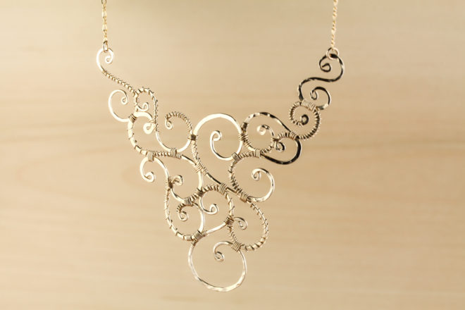 Urban Whimsy - Wire Wrapped Spirals Statement Necklace - Hammered Gold ...