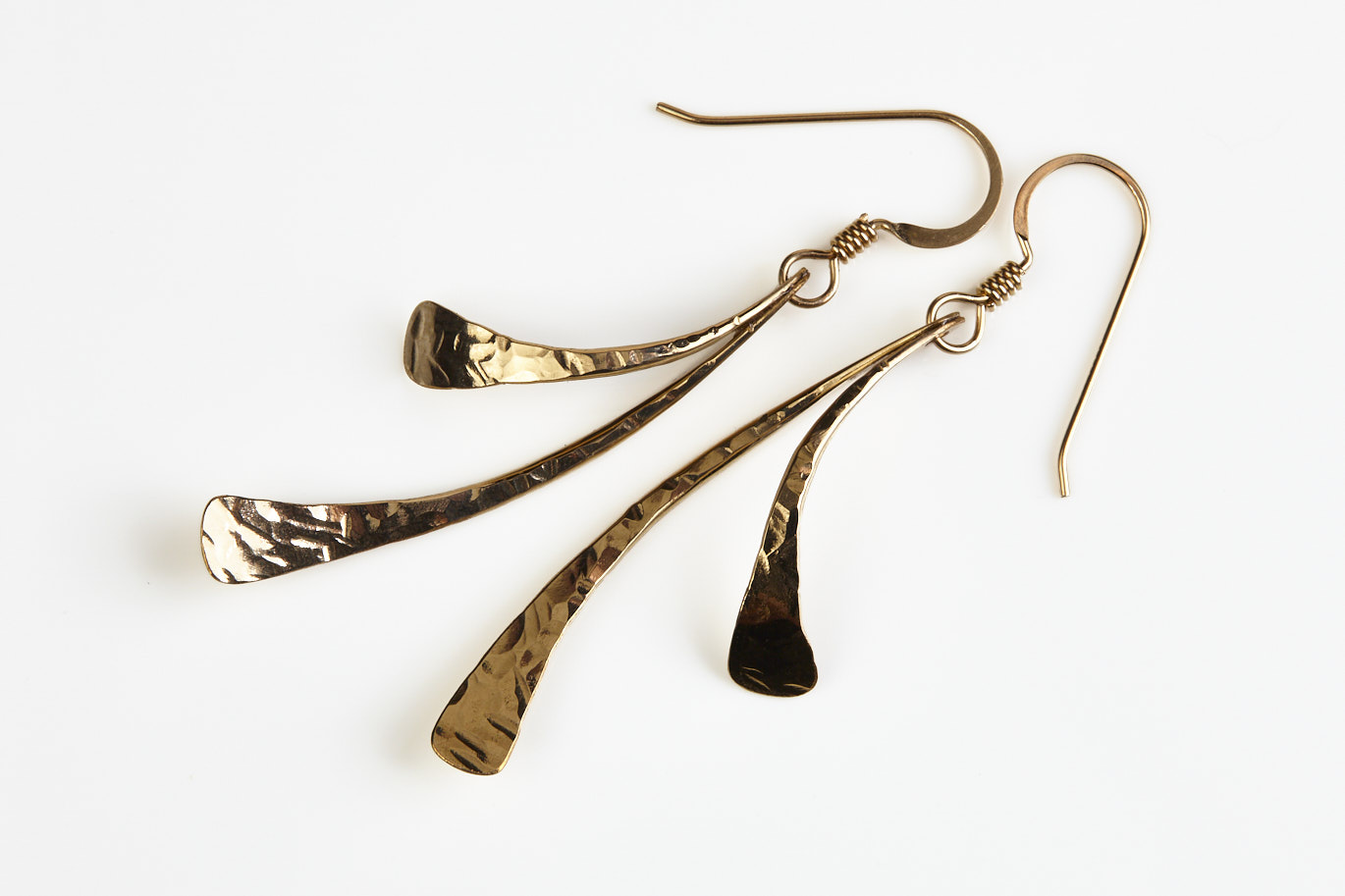 small feather earrings hammered gold handmade in the USA