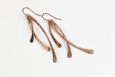 Trio Copper Long Dangle Earrings - The three delicately curved and hammered copper dangles reflect in faceted light. The rose gold fill ear wires match the warm tones of the copper perfectly. Small and light enough for every day, but sophisticated enough for a fancy night out, the Trio copper Long Dangle Earrings are perfect for every occasion. 7th anniversary Earrings. 7th anniversary gifts for her