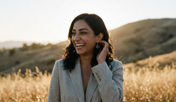 a woman enjoying the golden hour is wearing her 8th anniversary gift of the tiny swirls earrings for her Bronze anniversary