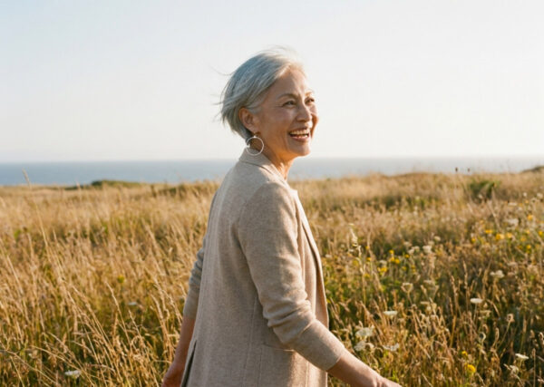 a woman is enjoying the golden hour while she celebrates her silver anniversary with the zen circle earrings on her 25th anniversary