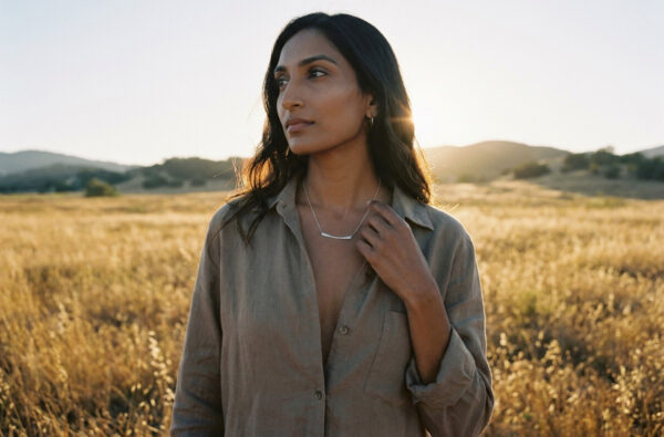 a woman standing in a field at sunset gazes off into the distance while she touches her necklace - simple-chic-aluminum 10th anniversary gifts for her