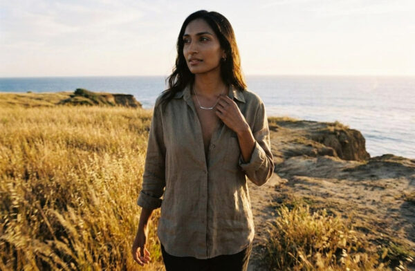 a woman walking along the cliff above the sea is enjoying the golden hour she is wearing her 10th anniversary gift of a simple chic aluminum bar necklace for her aluminum anniversary