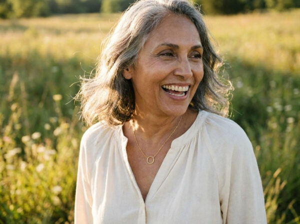 a woman is enjoying a good laugh with her partner while she celebrates her gold anniversary with a tiny zen circle necklace on her 50th anniversary