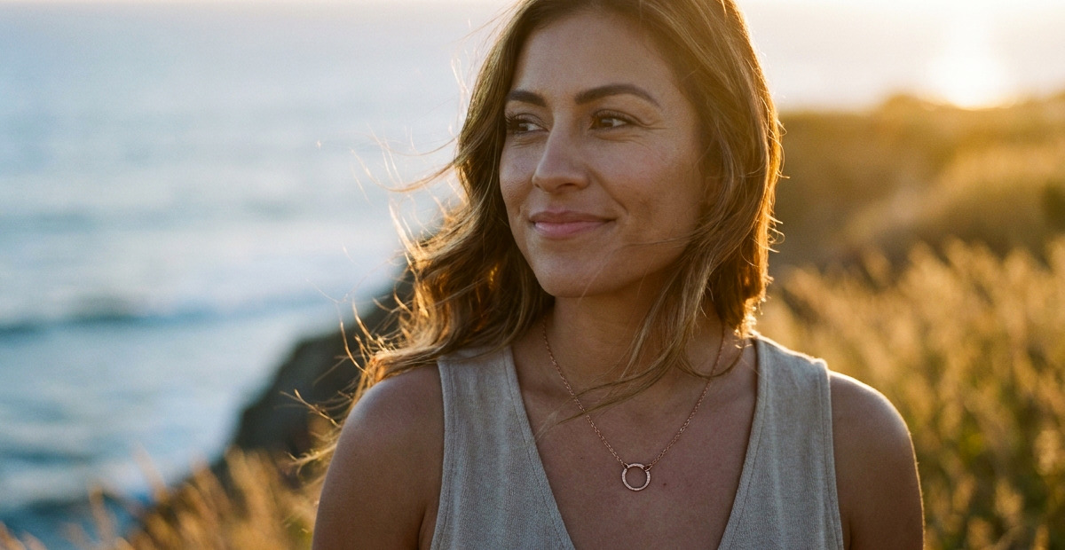 a brunette woman wearings the tiny zen circle necklace-necklace-in-copper 7th anniversary gifts for her